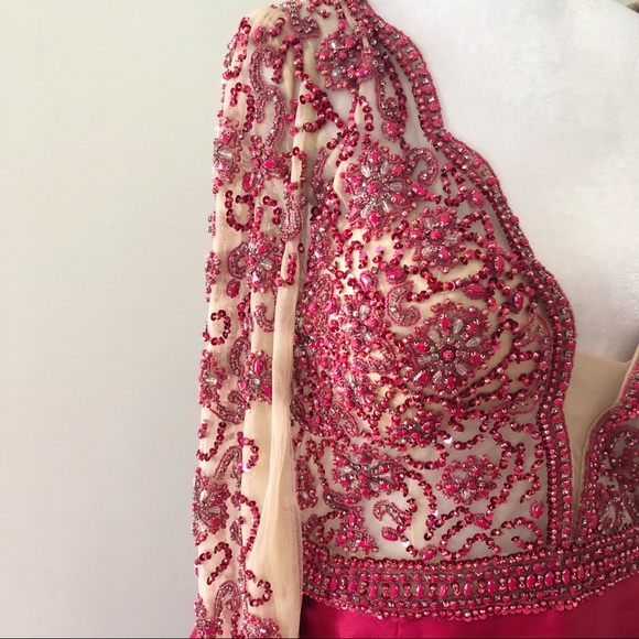 Jovani Pink Red Jeweled Long Sleeve Mermaid Dress 14 Formal Pageant Prom 46708 - Picture 5 of 13